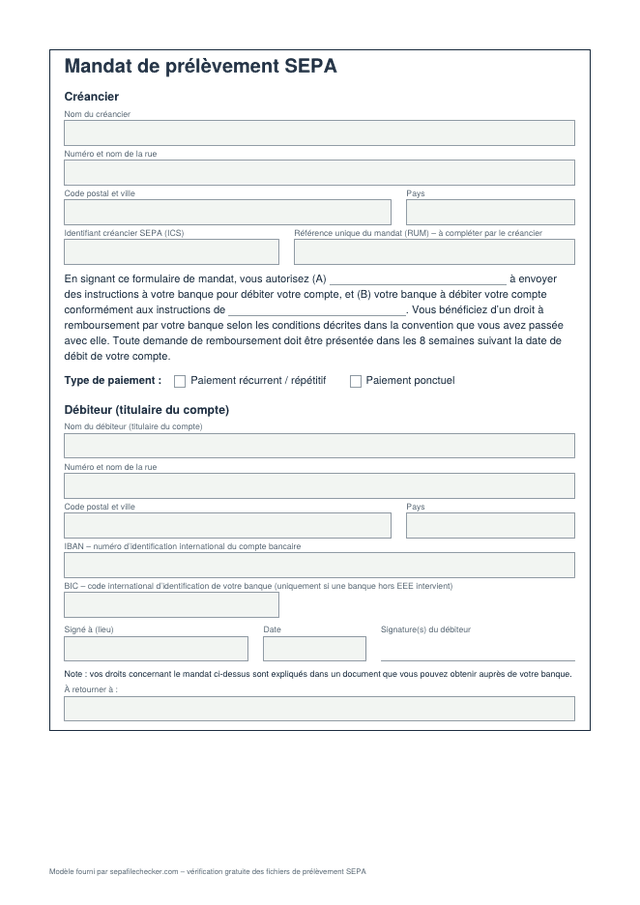 Aperçu du modèle PDF de mandat de prélèvement SEPA : champs du créancier avec ICS et RUM, texte du mandat, type de paiement, coordonnées du débiteur avec IBAN, lieu, date et signature