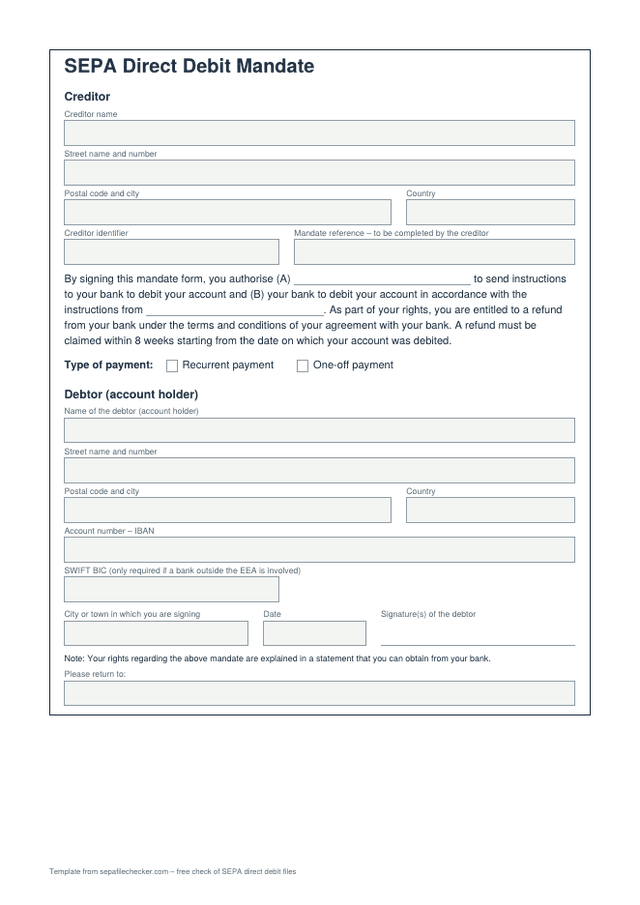 Preview of the SEPA Direct Debit mandate PDF template: creditor fields with creditor identifier and mandate reference, mandate wording, type of payment, payer details with IBAN, place, date and signature