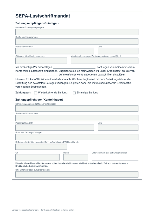 Vorschau der PDF-Vorlage SEPA-Lastschriftmandat: Felder für Zahlungsempfänger, Gläubiger-ID und Mandatsreferenz, Mandatstext, Zahlungsart, Angaben des Zahlungspflichtigen mit IBAN, Ort, Datum und Unterschrift